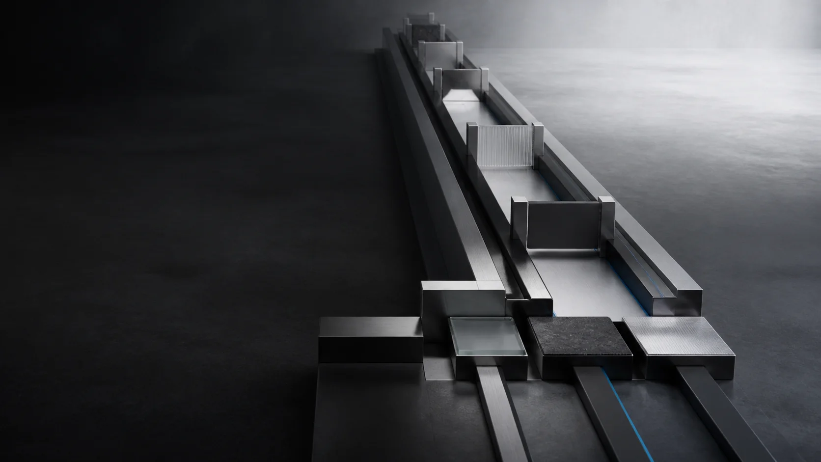 A precise linear assembly with modular gates extending into the distance