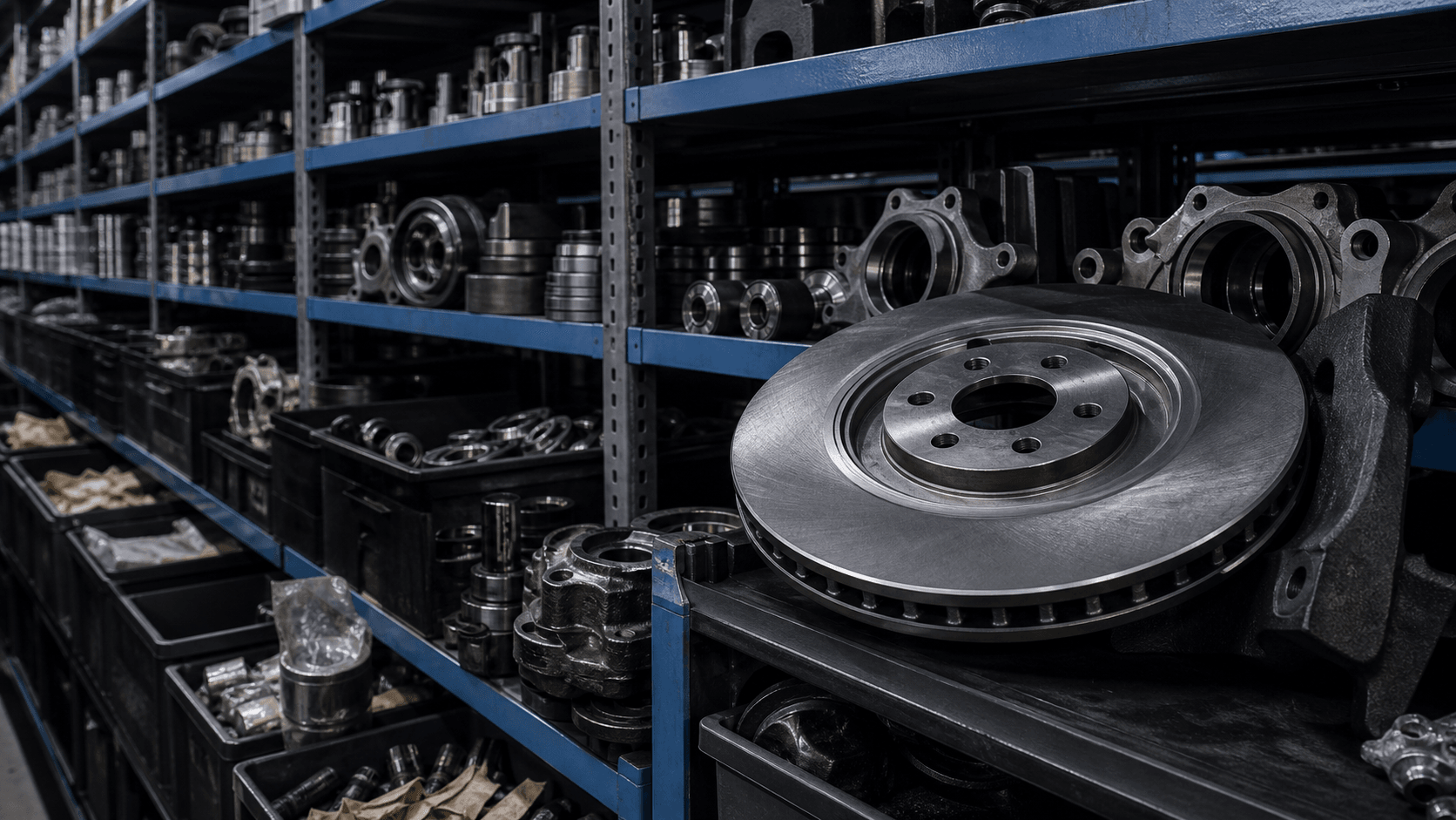 Autopartes mecanizadas organizadas en estanterías de inventario industrial