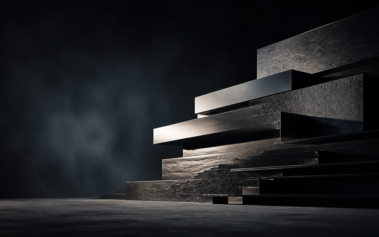 Dark architectural planes converging around a luminous opening