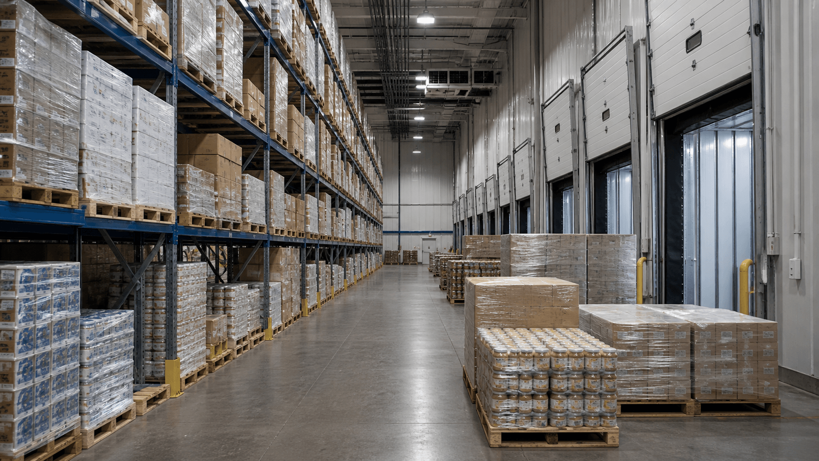 Inventario de abarrotes paletizado en un almacén mayorista refrigerado