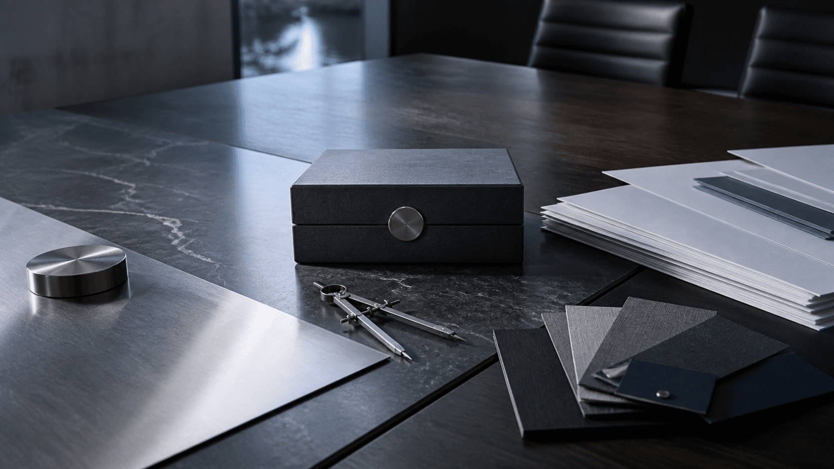 Materiales de trabajo financiero alineados alrededor de una mesa de decisión confidencial