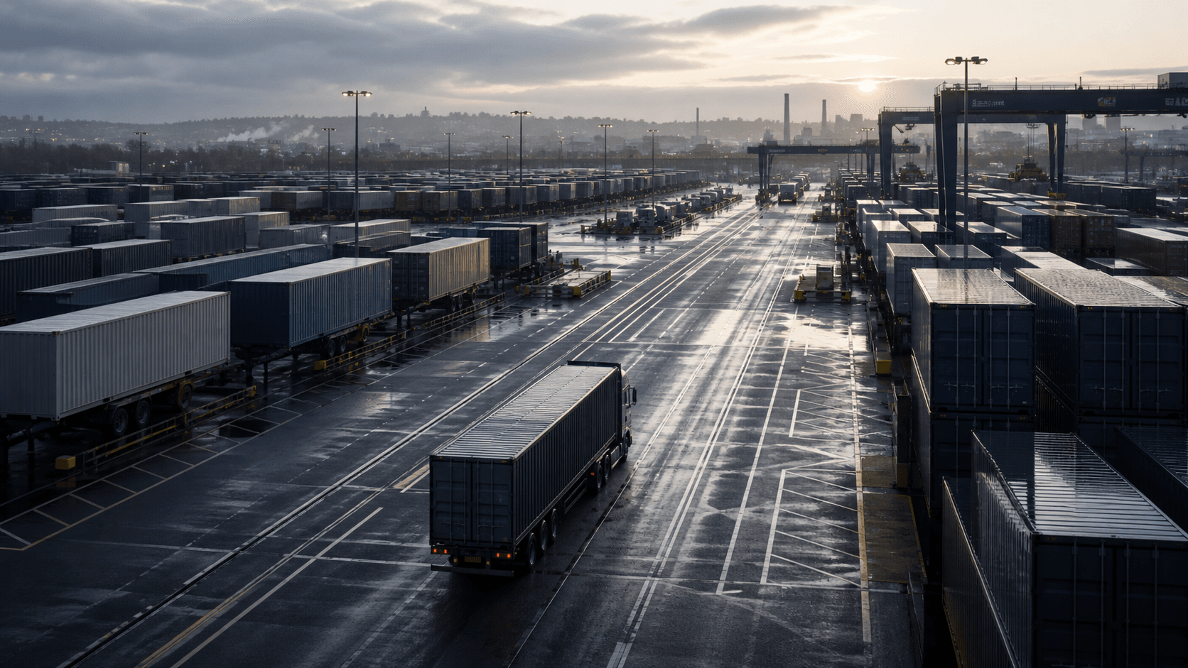 Carriles de carga y remolques sin marca en un patio intermodal